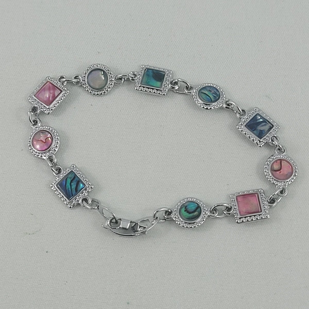 KOREA Alternating 8.5mm Circle Square Panel Blue Pink Green Butterfly Wing Cabochon 7 Inch Silvertone Bracelet