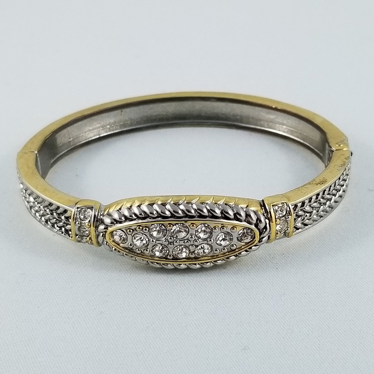Art Deco Revival Braided Two-Tone Rhinestone Clamper Bangle Bracelet.jpg