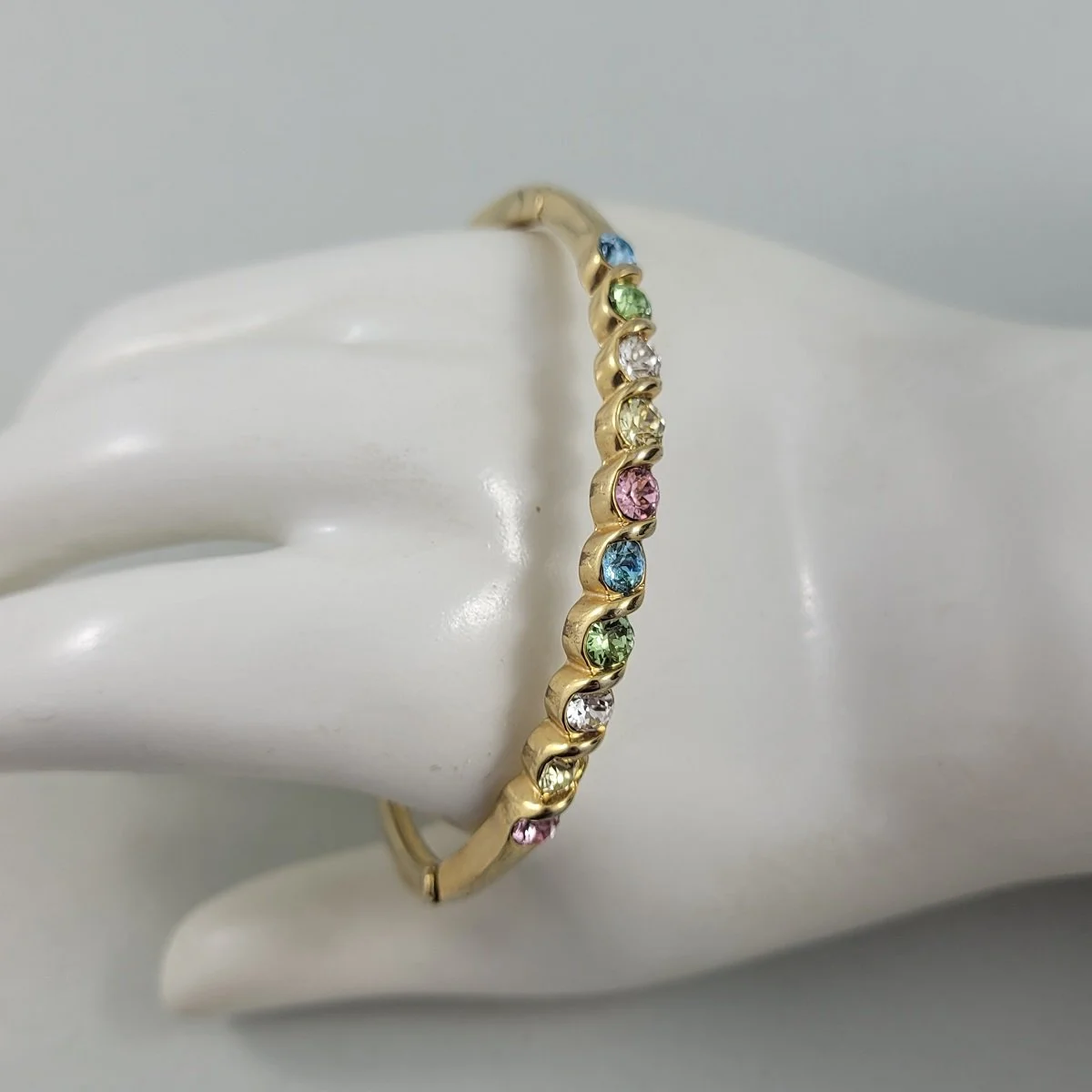 1960's Inset Multi-Colour Pastel Crystal Rhinestone Gold Plated Triple Panel Invisible Double Hinge Bangle Bracelet -2.jpg (Copy)
