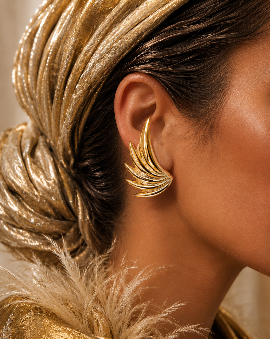Nina Ricci Polished Ribbed Gold Pointed Angel Wings Ear Climber Crawler Clip Earrings - MODEL.png