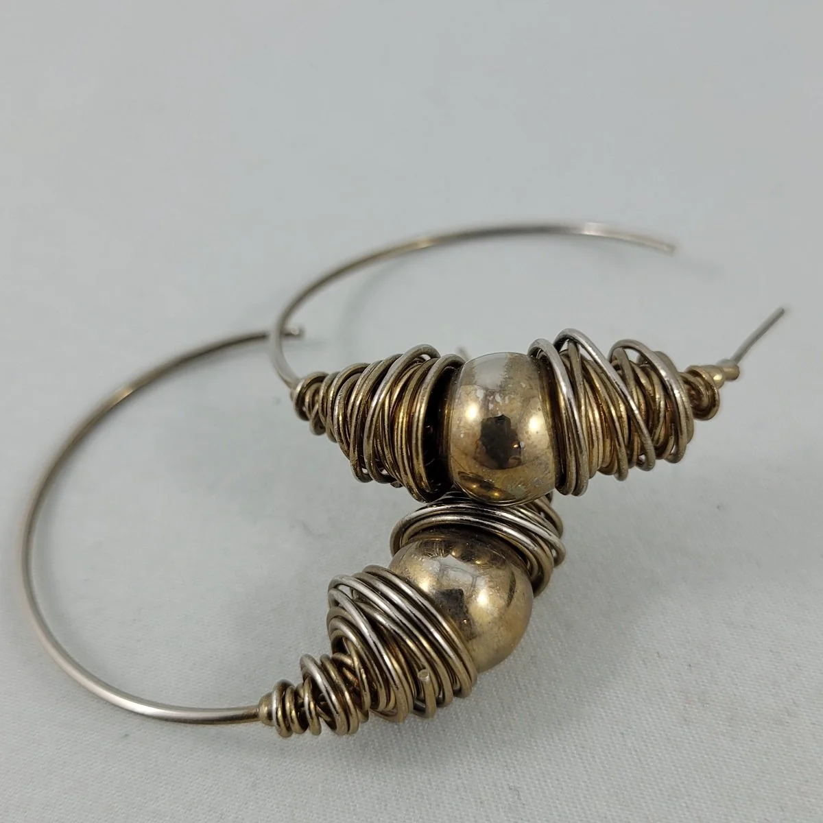 Modernist Silver Wire Wrap Bead Open Hoop 2 Inch Pierced Earrings -3.jpg