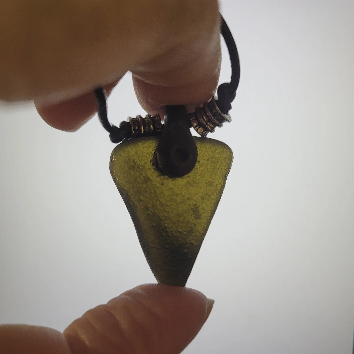 Rough Moldavite Tektite Irregular Shard Triangular Pendant Affixed Clay Bail Adjustable Cord Necklace -2.jpg