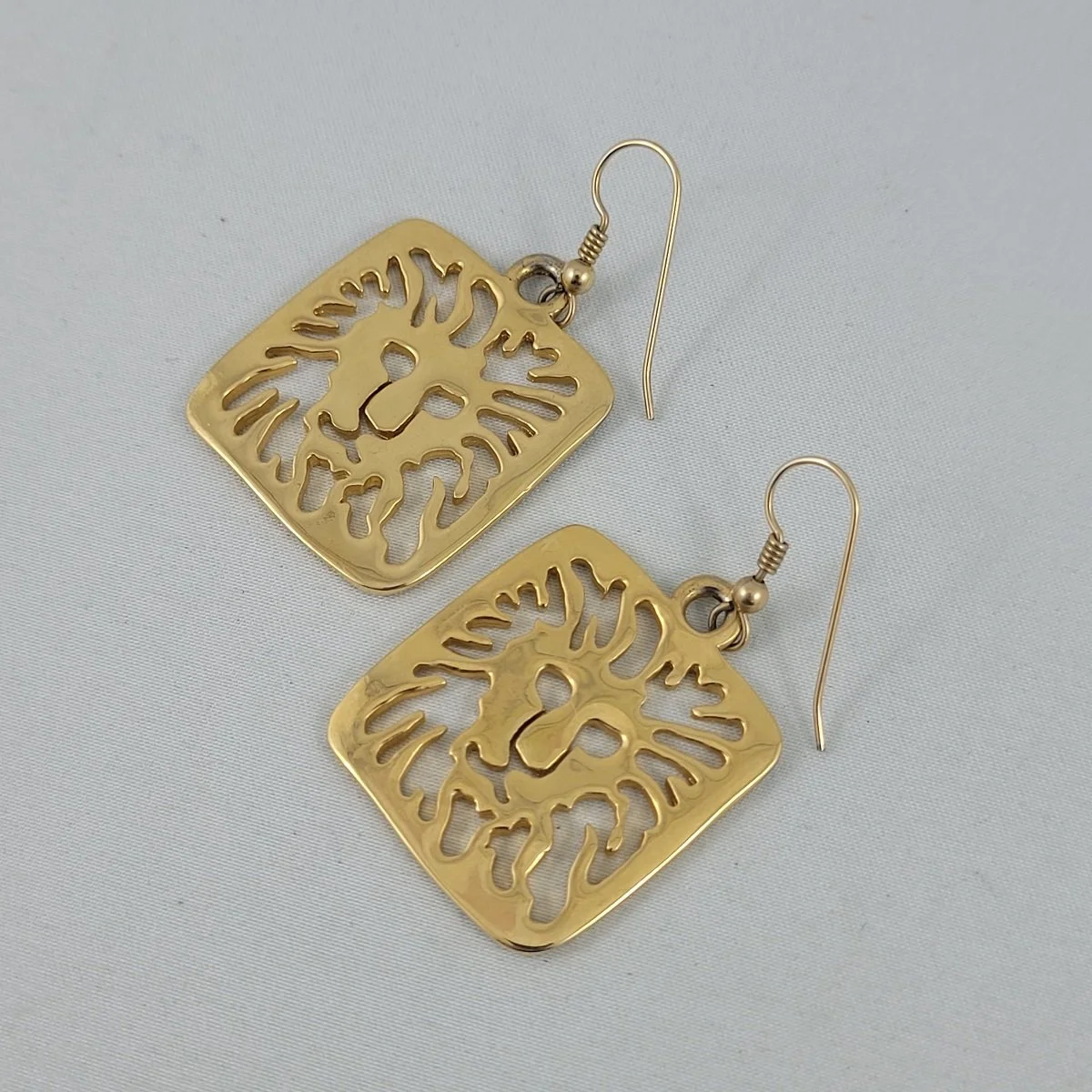 Anne Klein 1980's Logo Lion Face Cut Out Gold Square Pierced Earrings Top Side (Copy)