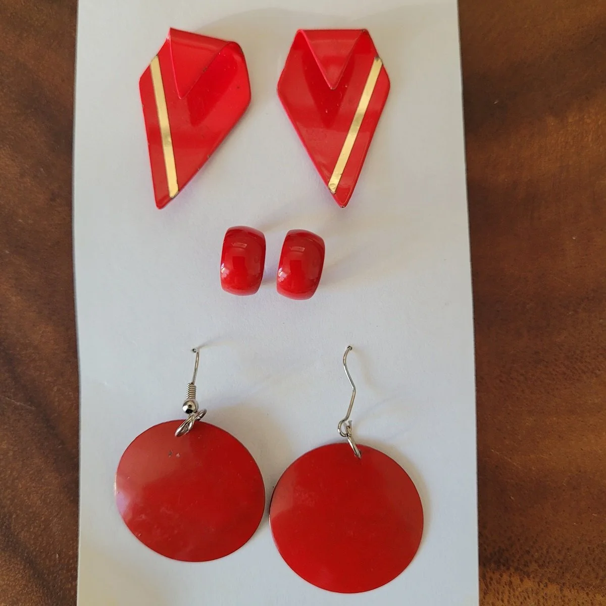 THREE PAIRS - 1960's - 1970's Bright Red Enamel 3D Curled Gold Strip .5 Inch Hoops and 2 Inch Domed Coin Drop Pierced Earrings