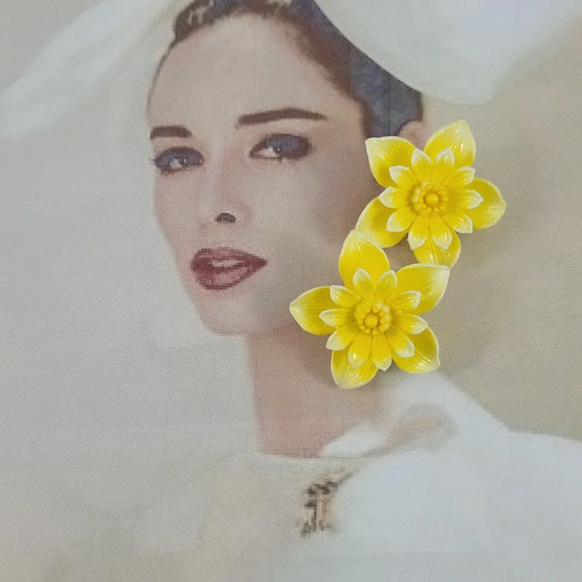 Ges Gesch Germany 1950's Canary Yellow Celluloid Daffodil Flower 1.25 Inch Clip-on Earrings -4.jpg