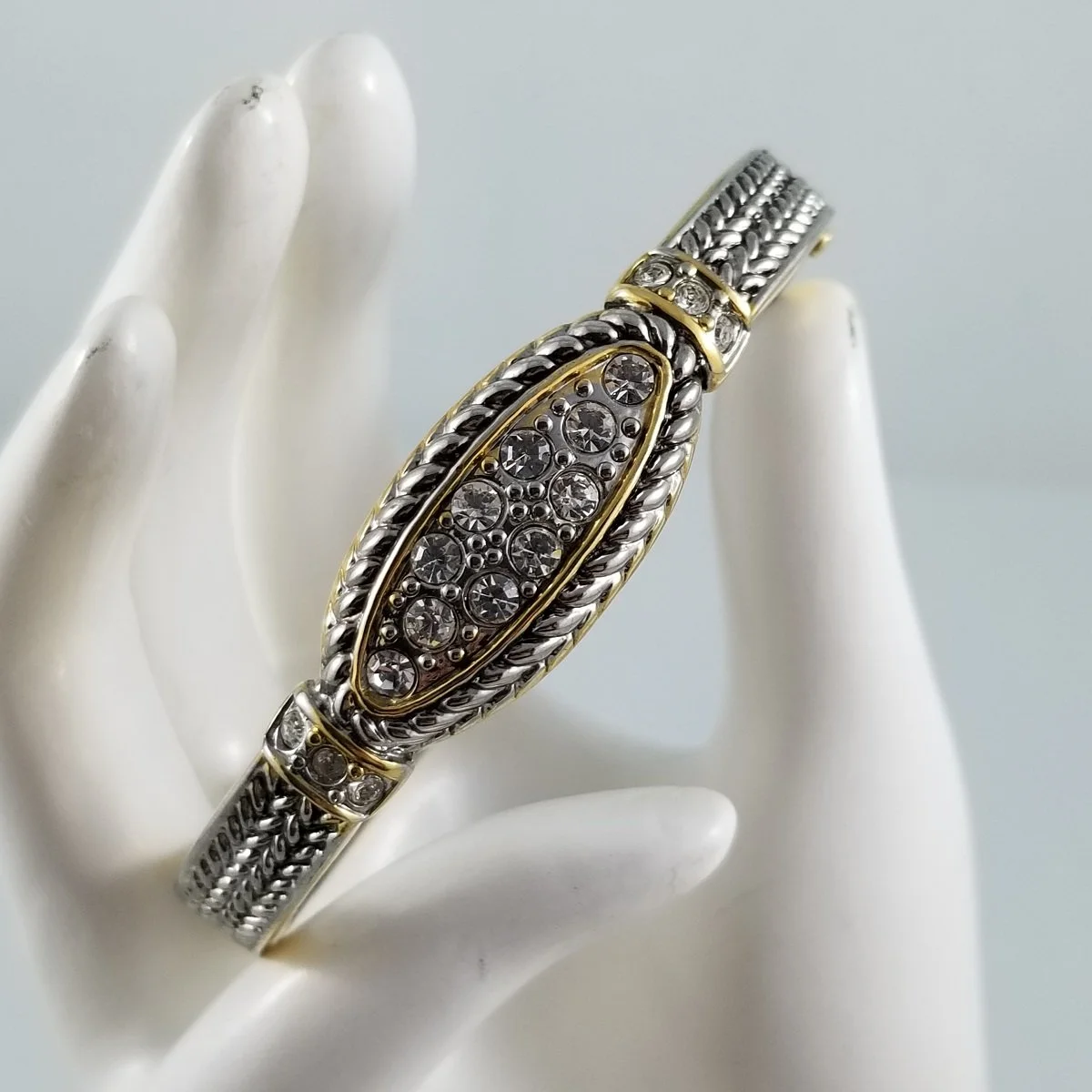 Art Deco Revival Braided Two-Tone Rhinestone Clamper Bangle Bracelet