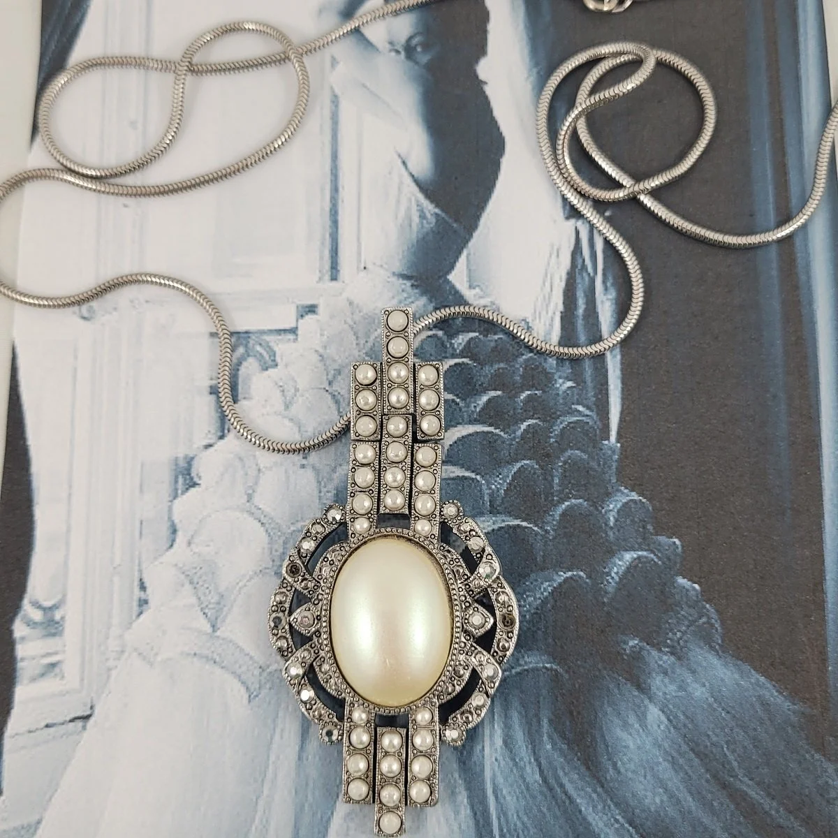 Richelieu 1930's Art Deco Silver-Tone Mabe Pearl Articulated Lavalier Necklace.jpg