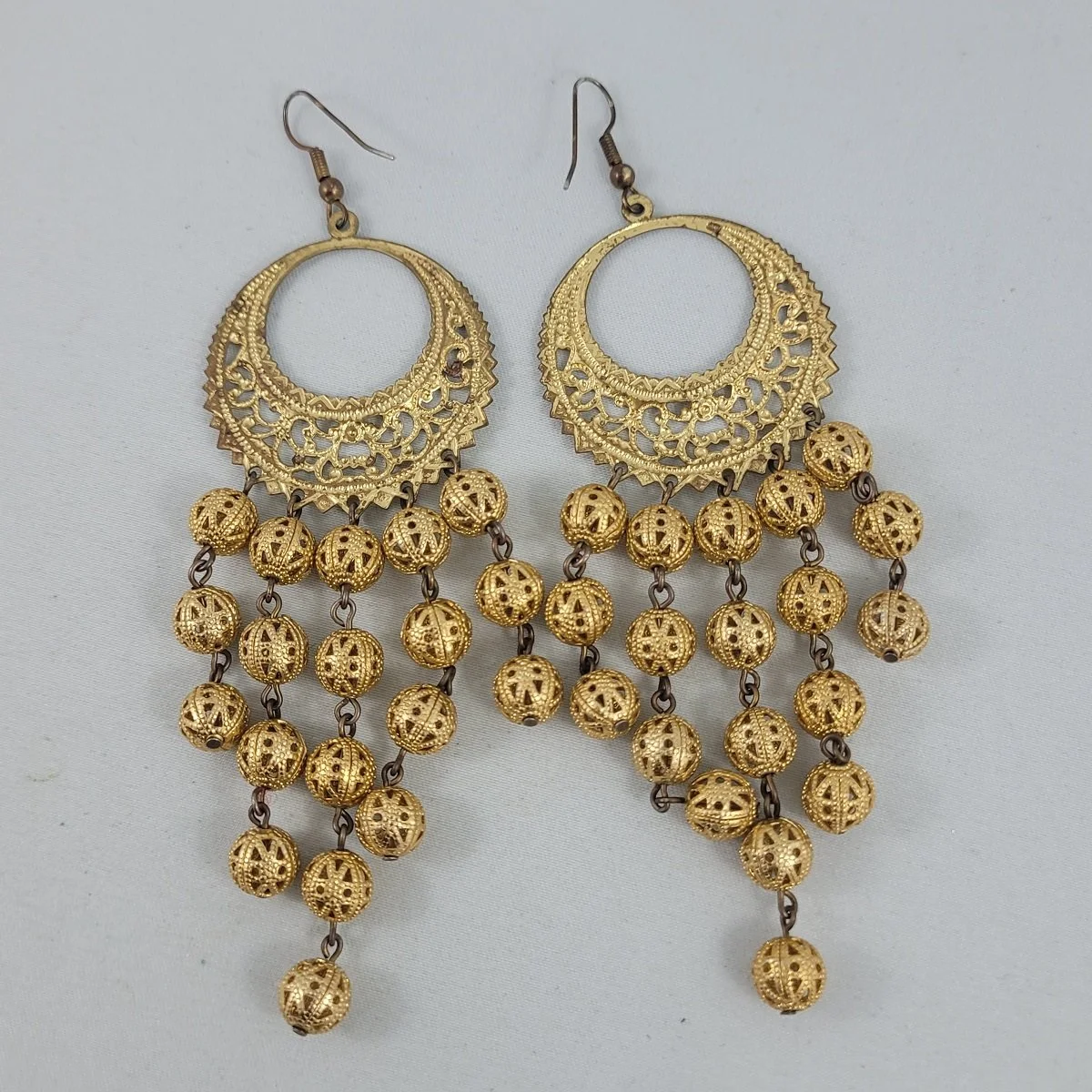 1960's - 1970's Gold Brass Ornate Filigree Hoop Cascading Bead Drop 4.75 Inch Chandelier Pierced Earrings -2.jpg