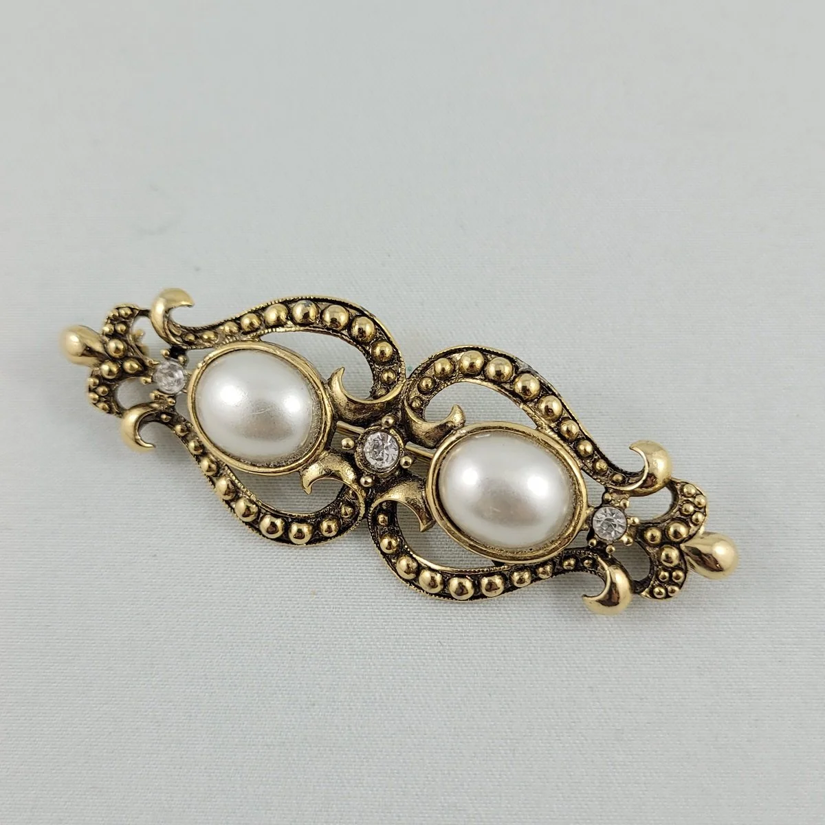 1928 Jewelry Victorian Etruscan Revival Style Faux Marcasite Double Mabe Pearl Triple Rhinestone Gold-tone Bar Brooch.jpg