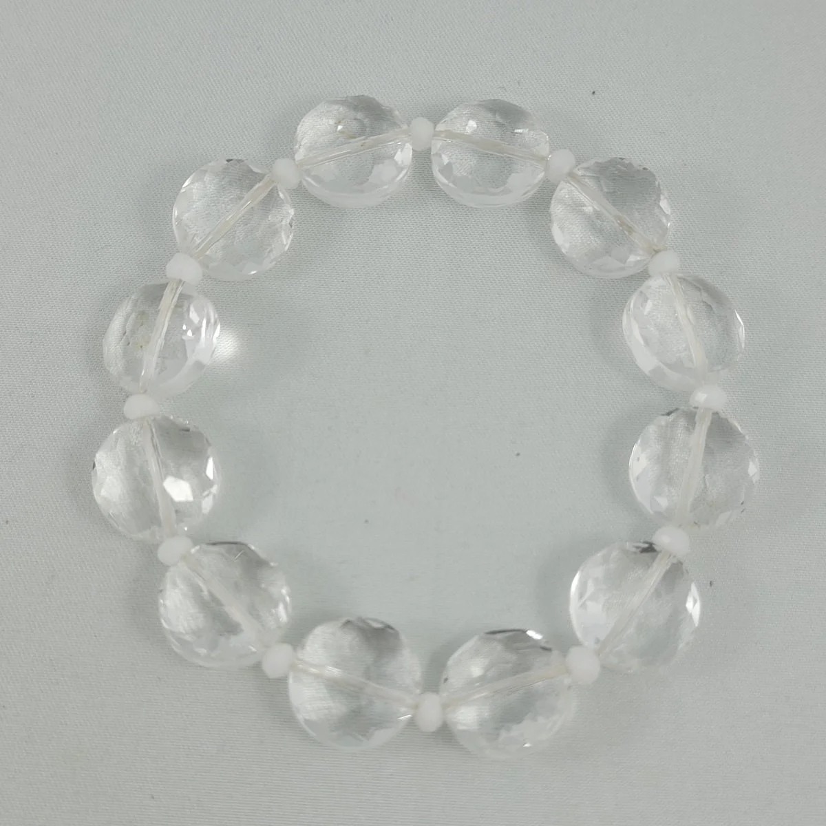 Vintage Cut Glass Faceted Clear Crystal 13mm Flat Round Beads w Opalescent Glass Bead Spacers Elasticized Stretch Bracelet