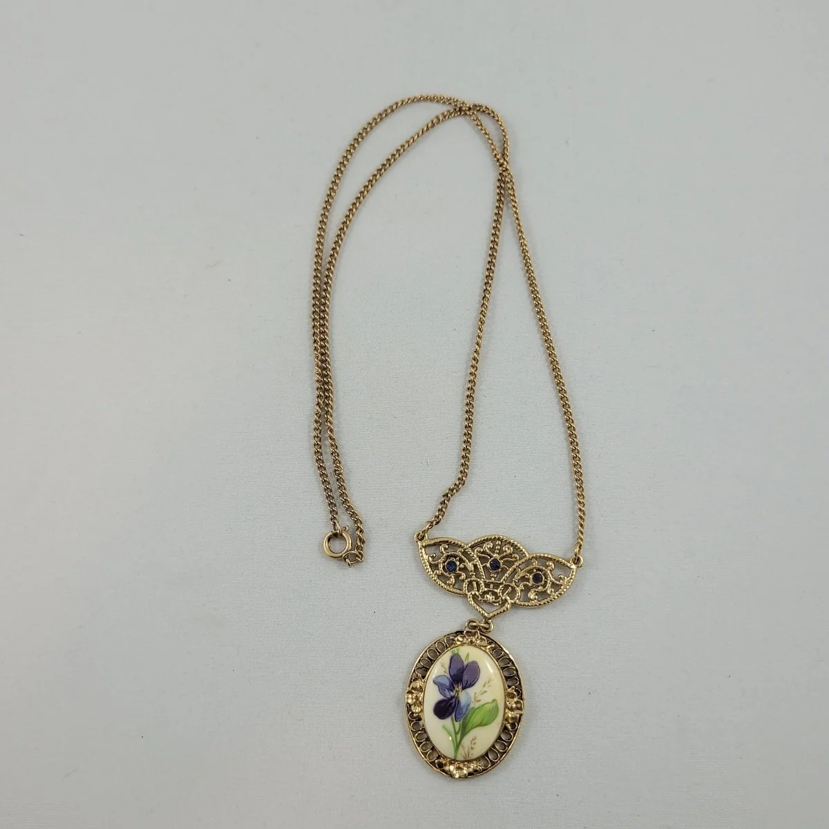 1940's Edwardian Rhinestone Fixed Floral Cameo Oval Drop Filigree Pendant 22.5 Inch Gold Curb Chain Lavalier Matinee Necklace -1.jpg