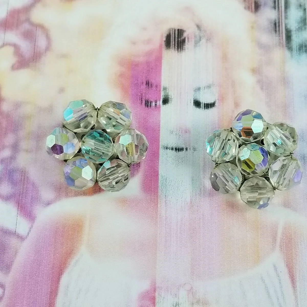 Swarovski 1950’s Faceted Aurora Borealis Crystal Round #5000 Bead Cluster Clip-on Earrings -4.jpg