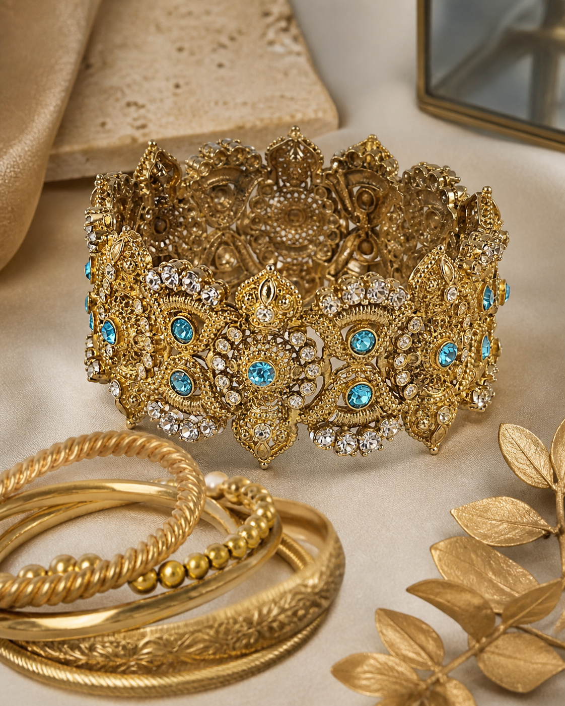 Etruscan Revival Vintage 1940s Aquamarine Clear Crystal Hinged 14K Gold Gilt Cannetille Bangle Statement Bracelet -Model.png