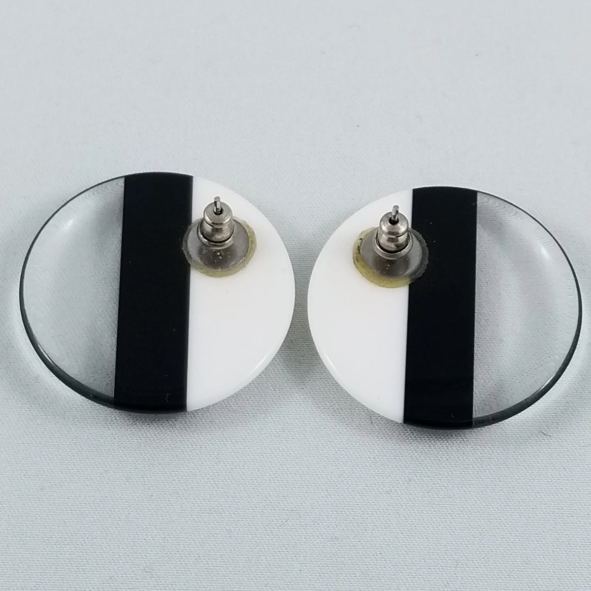 Op-Art Ice-Clear Tri-Band Monochrome Lucite Domed Disk Pierced Earrings -1.jpg