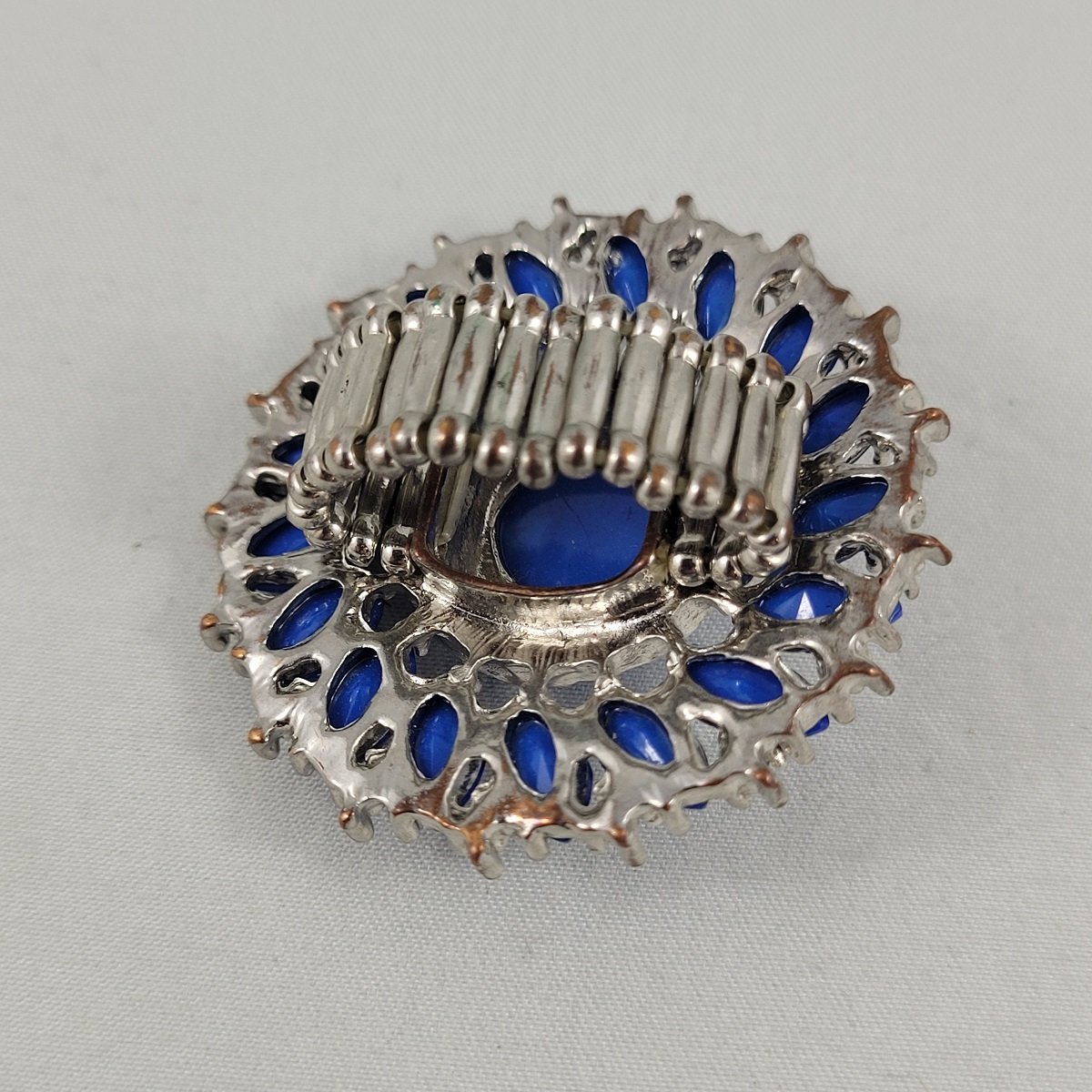 Royal Blue Faceted Lucite Marquise Rhinestone Cabochon Bead Open-back Elasticized Stretch 1.75 Inch Round Silver-tone Copper Shield Ring -2.jpg