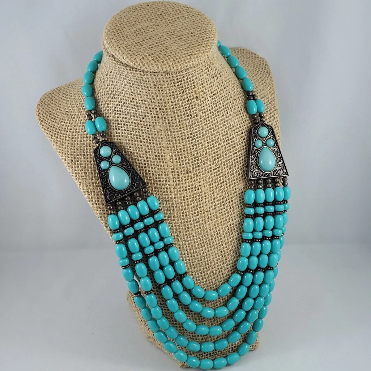 Antiqued Brass Turquoise Five-Strand Waterfall Filigree Bib Necklace