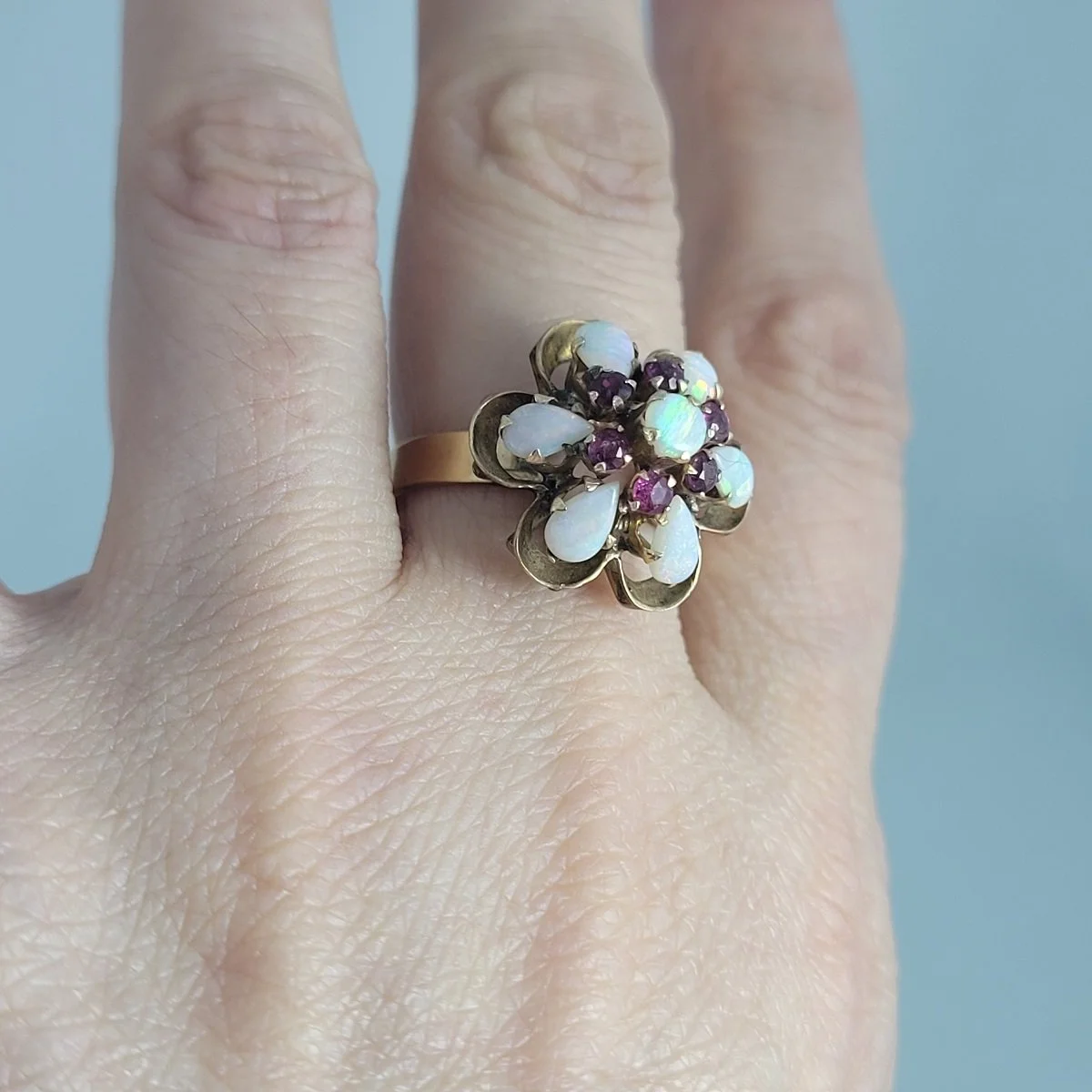 Thai Princess Harem Opal Ruby Cluster 10K Yellow Gold Flower Cocktail Ring Size 7 -9 (Copy)