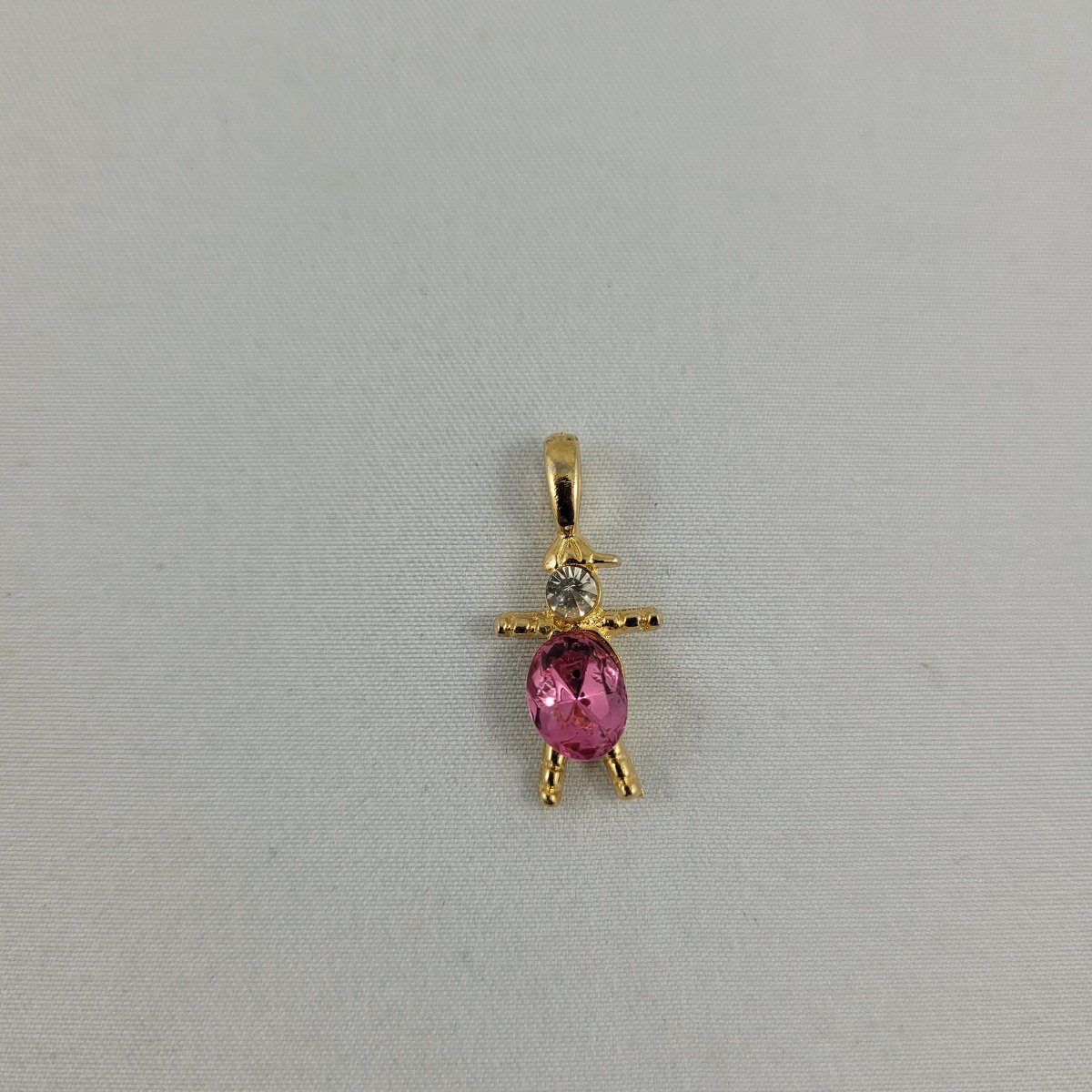 Pink Gem Belly Faceted Clear Glass Chaton and Oval Rhinestone Gold-tone Figural Person 1 Inch Charm Pendant