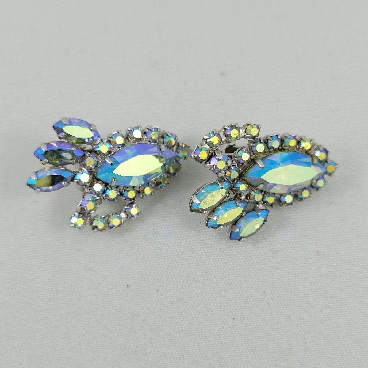 Greenish-Blue Aurora Borealis Prong Set Navette Chaton Rhinestone Silver-tone Clip Earrings Front View