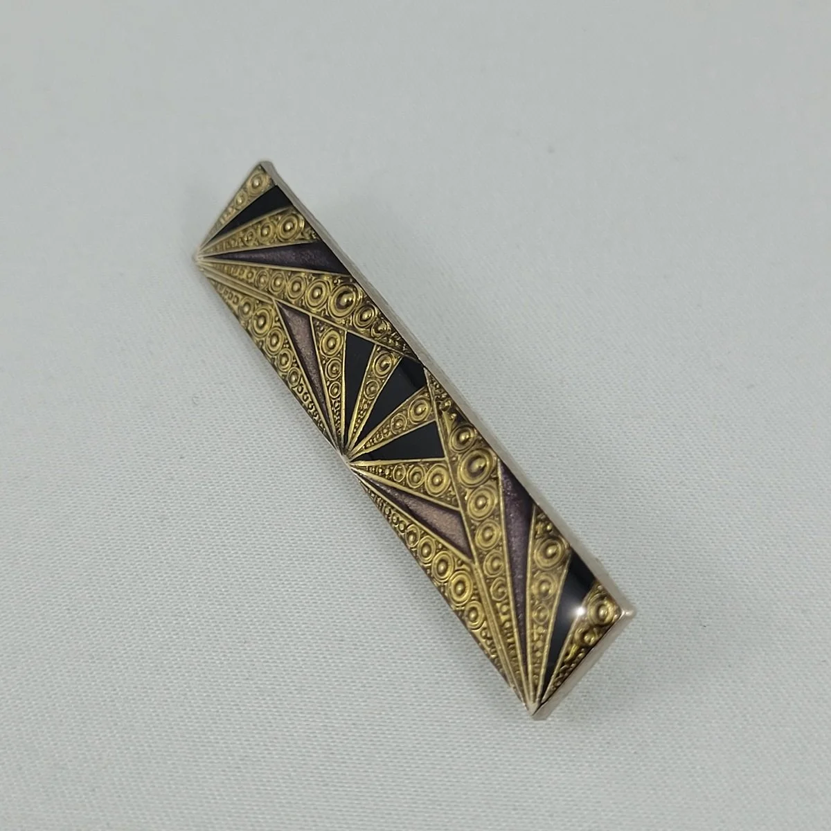 Pierre Bex Style Deco Bar Brooch with Sparkling Purple Black Enamel Gold Faux Marcasite Clear Resin Coating