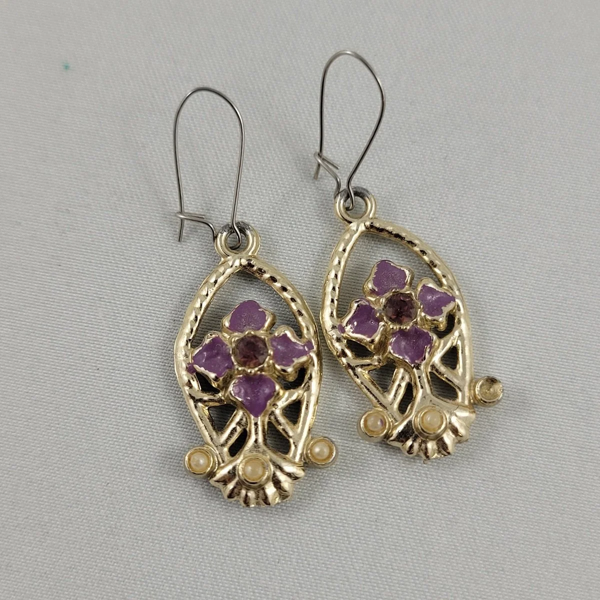 Art Nouveau Pot Metal Purple Rhinestone Enamel Bell Flower Seed Pearl Pierced 1 Inch Drop Earrings.jpg