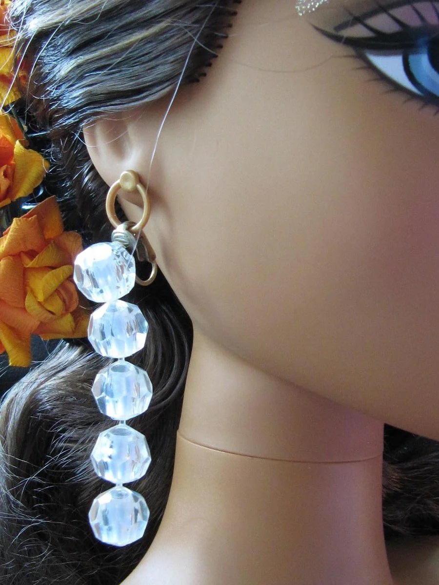 Richelieu Crystelle Poppit Faceted Clear Simulated Crystal Lucite Pop Bead Shoulder Duster Dangle Clip-on Earrings Side View (Copy)