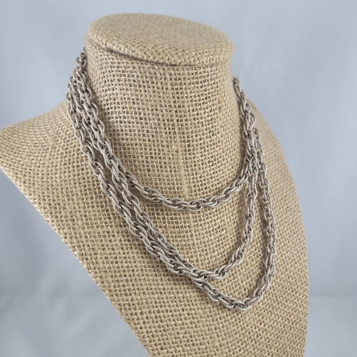 1960's Silver Eloxal Aluminum Diamond Cut Double Cable Chain 46.75 Inch Rope Necklace Side Front