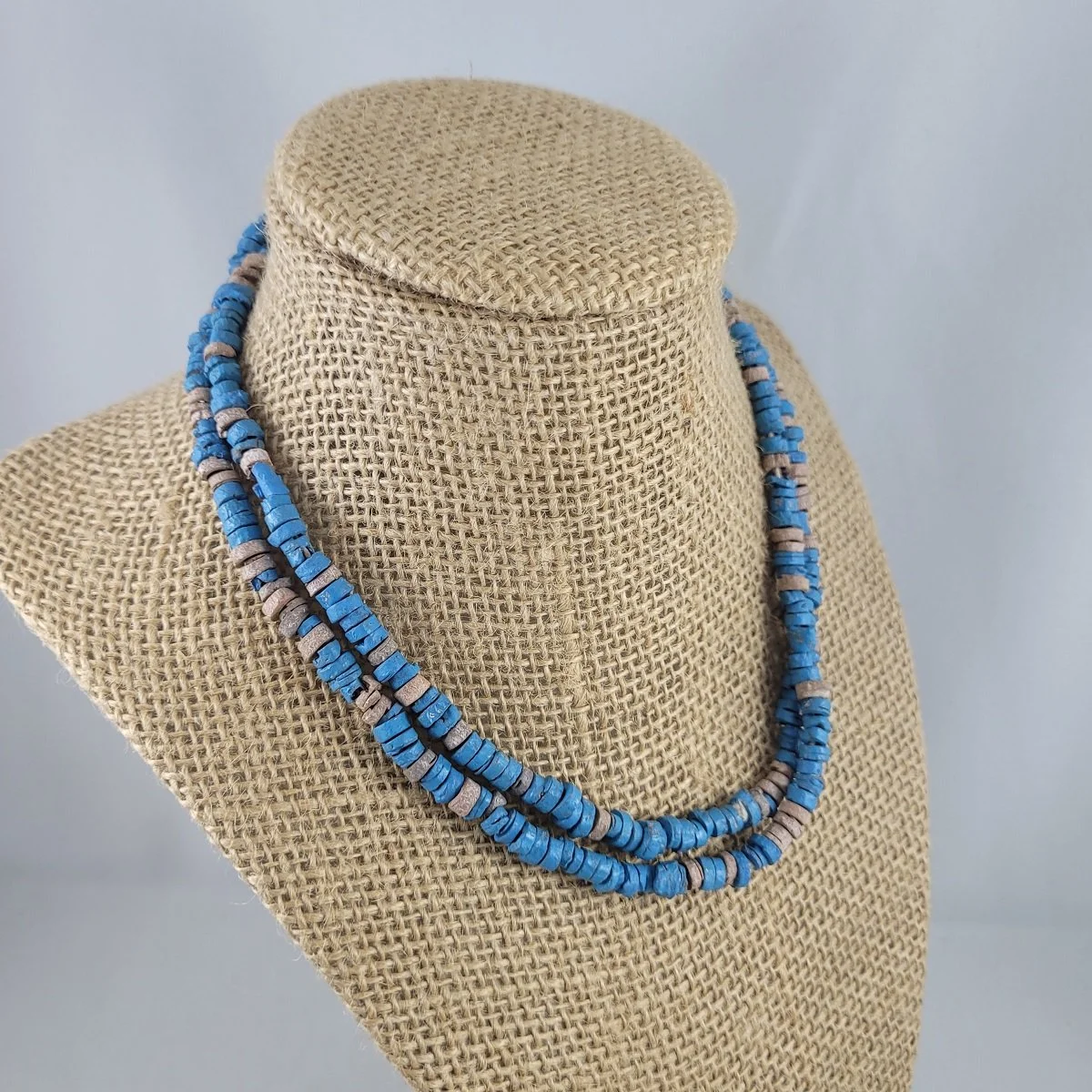 Surfer Rustic Blue Natural Coconut Shell Bead 31 Inch Beaded Necklace