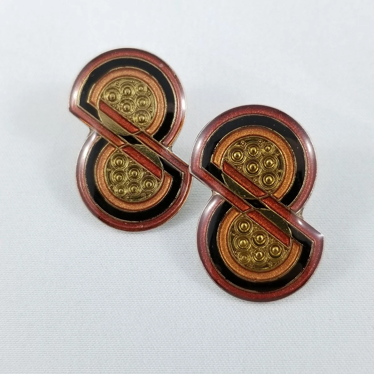 Pierre Bex 1980’s Art Deco "Infinity Scroll" Autumnal Enamel Silver-Tone Pierced Earrings
