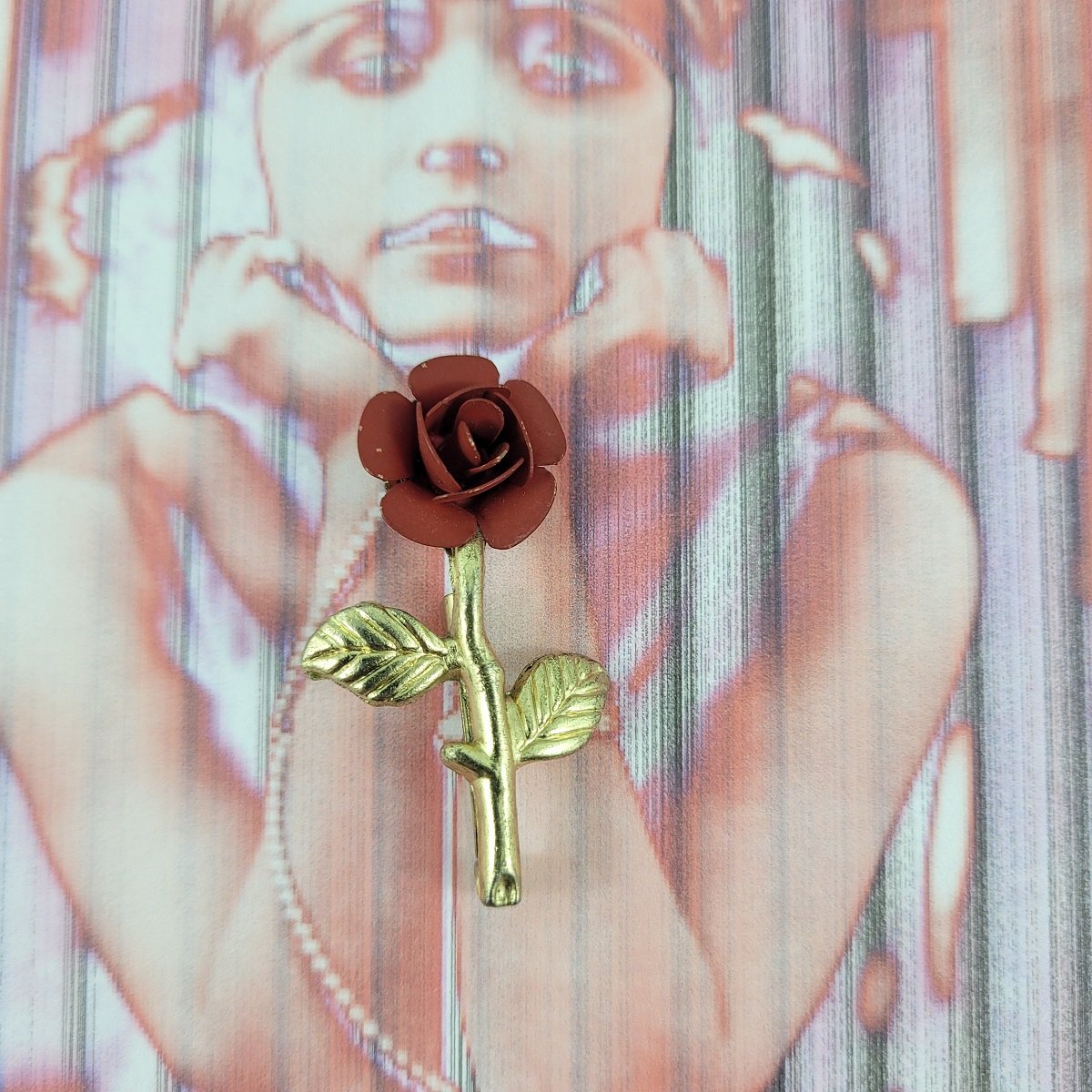 1940's - 1950's Solitary Stemmed Rose Red Matte Enamel Gold-tone 1.75 Inch Brooch Pose