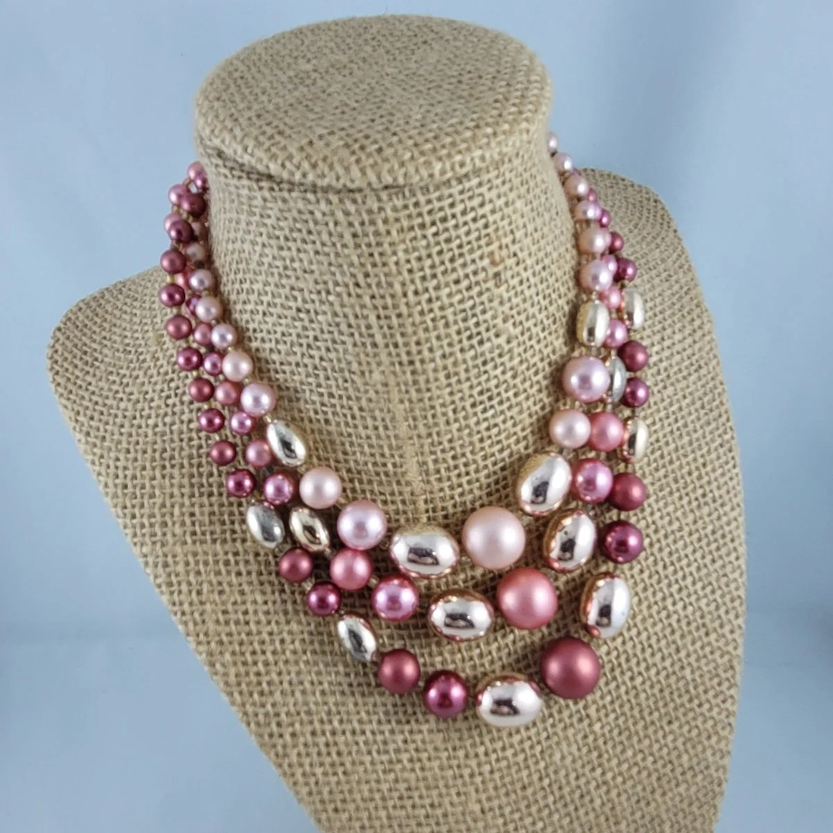 Japan 1950's Triple Strand Duo Tone Matte Metallic Pink Gold Round Oval Graduated Bead Choker Necklace.jpg (Copy)
