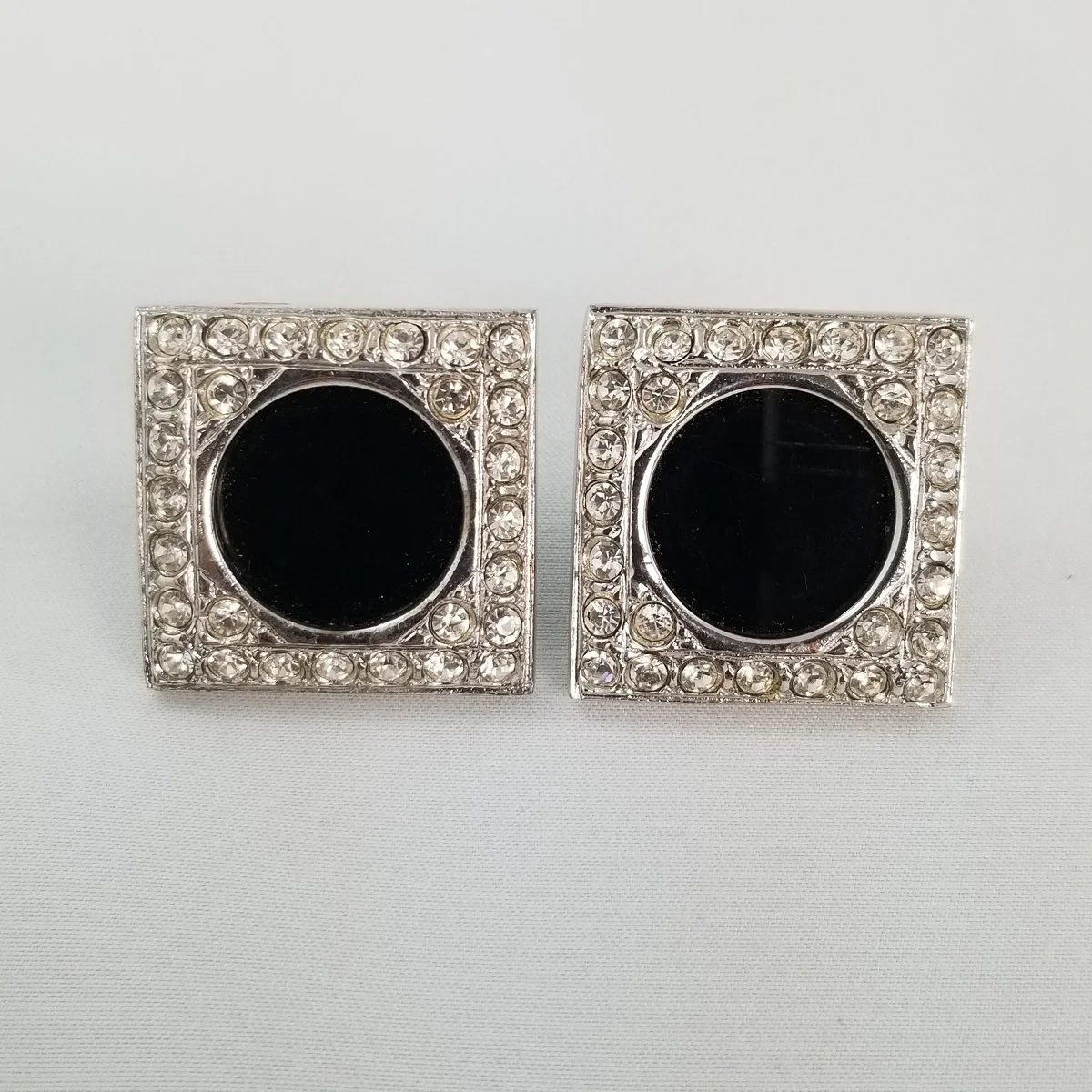 European Art Deco Inlaid Onyx Look Black Glass Pavé Rhinestone Rhodium Plated Square Pierced Earrings