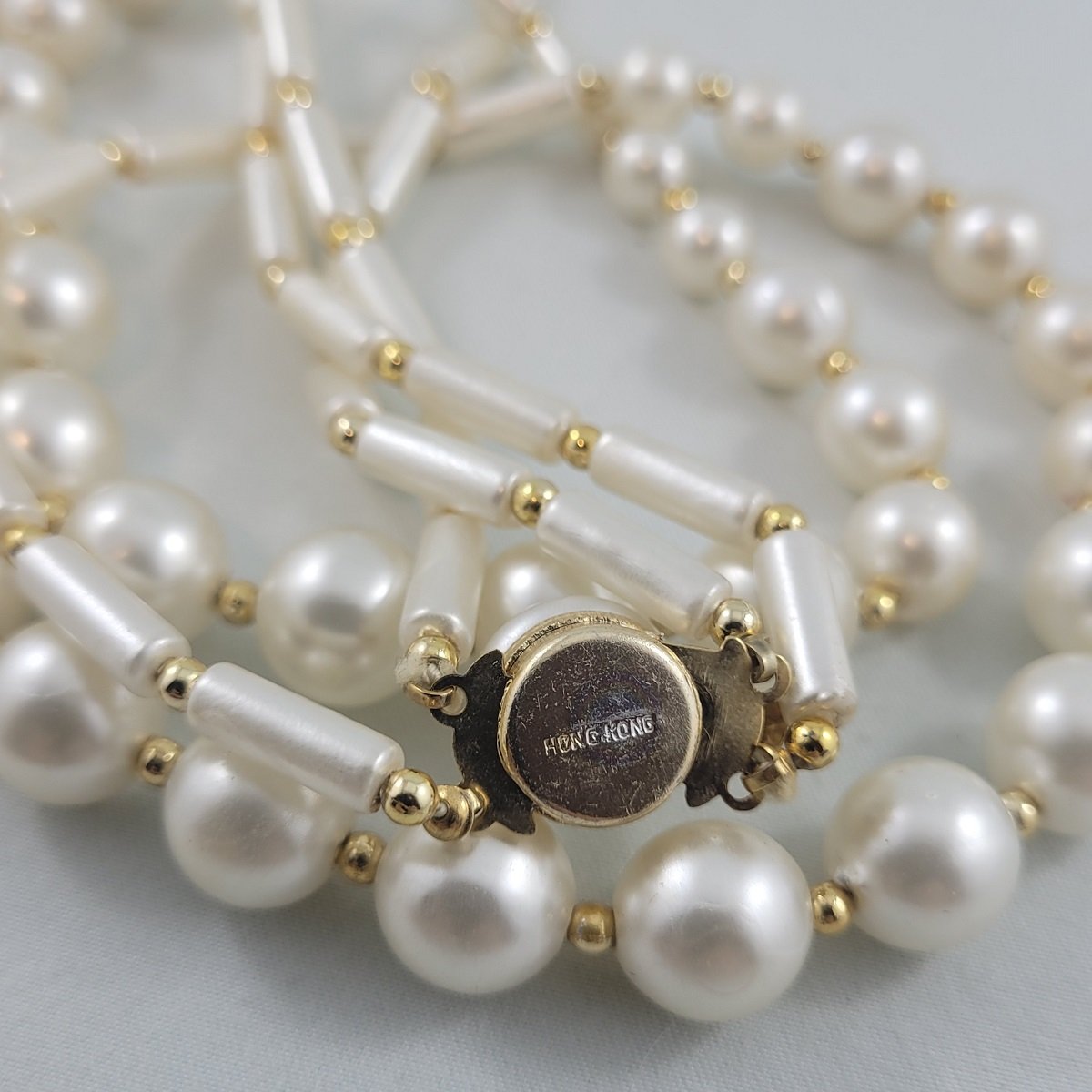 Hong Kong 1950's Double Strand Faux Pearl Tube Round Gold Bead Princess Necklace Marking