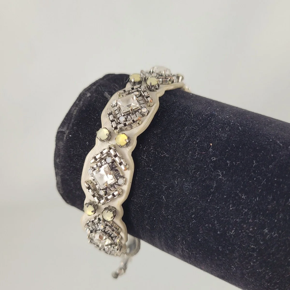 Stella & Dot Chiara Embroidered White Leather Pronged Rhinestone Silver Accent Half Inch Wide Adjustable Slip Knot Bracelet.jpg