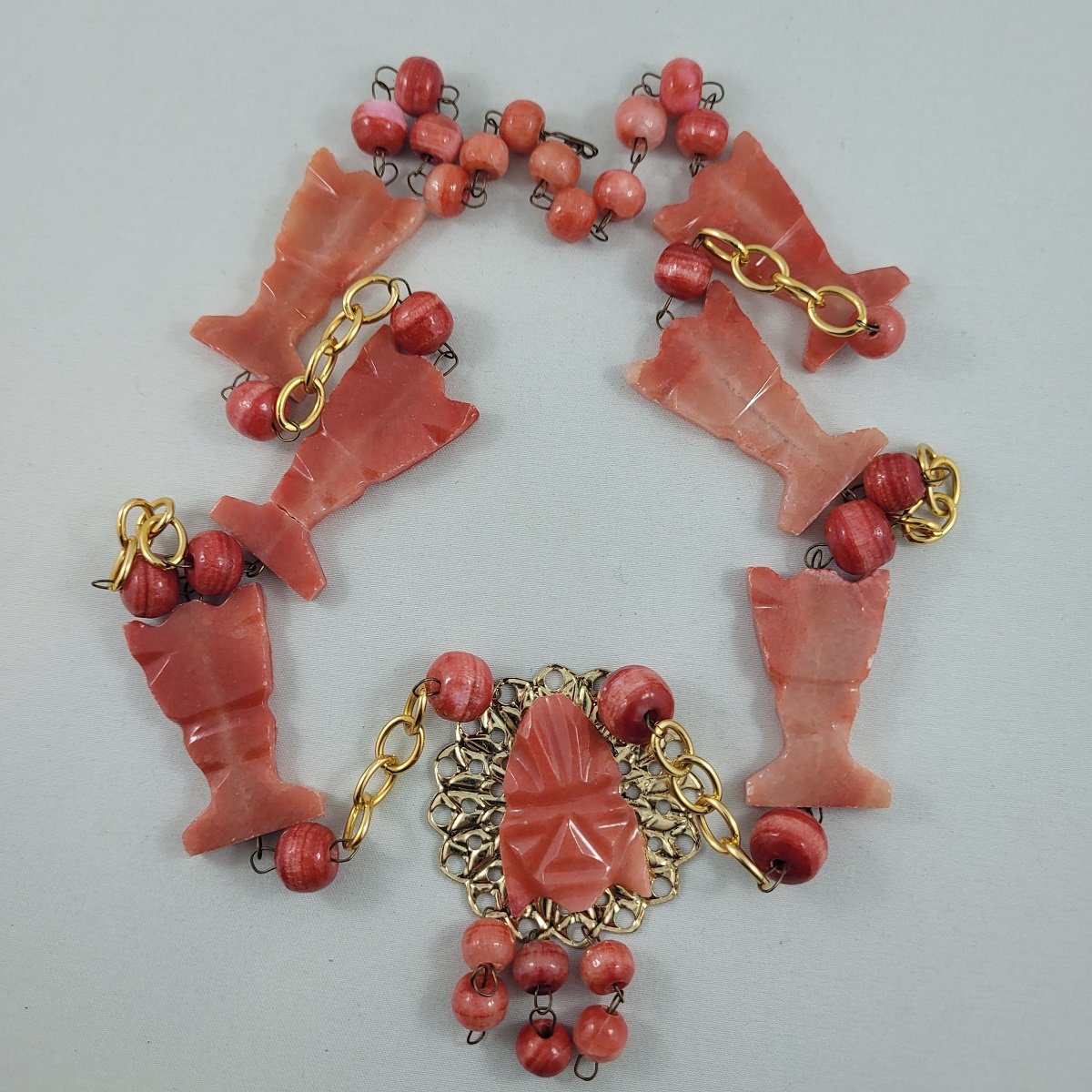 Boho Mexican 1970's Mayan Aztec Tribal Carved Mask Banded Coral Agate Stone Gold Filigree Pendant Round Totem Bead Wire Necklace Front View