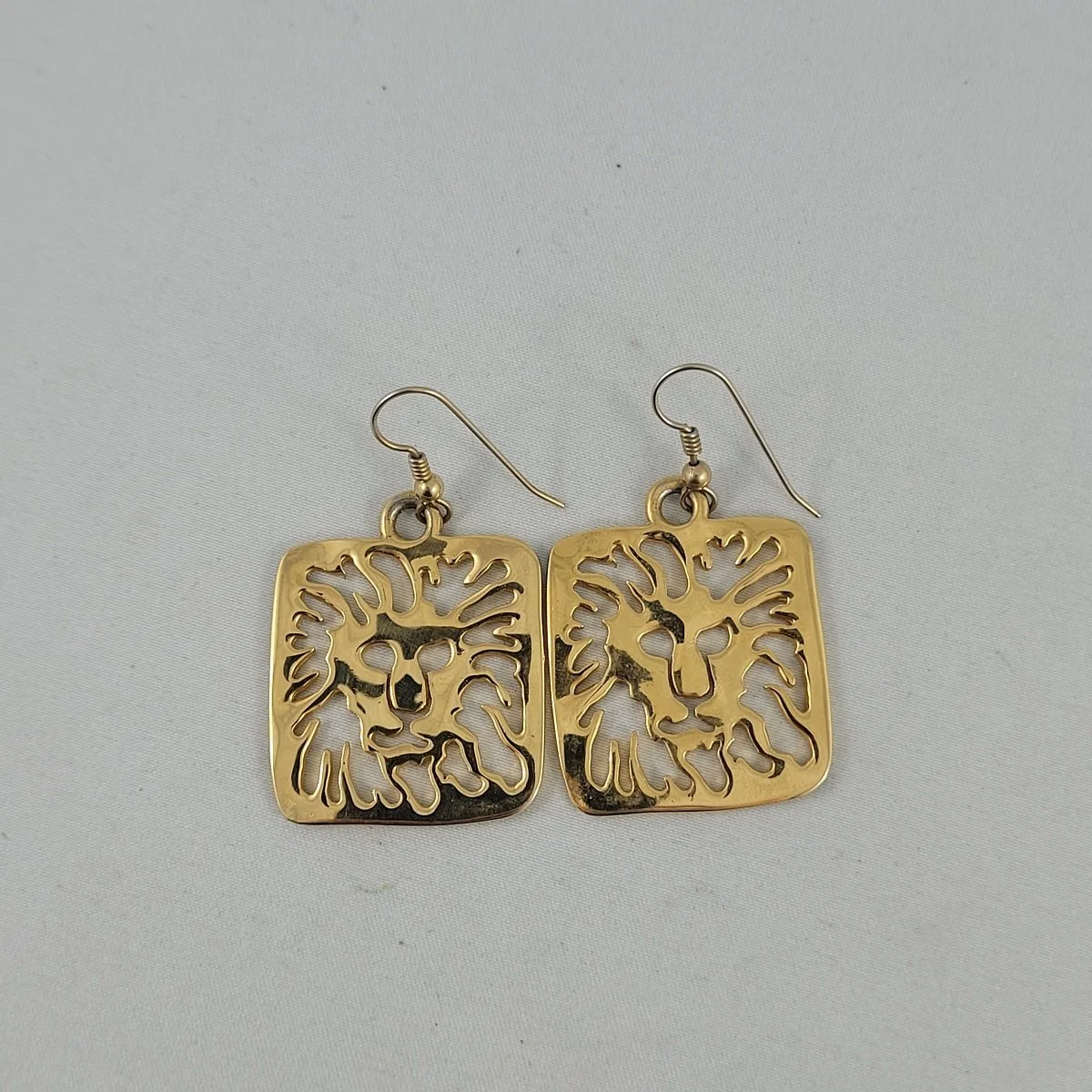 Anne Klein 1980's Logo Lion Face Cut Out Gold Square Pierced Earrings Close up1 (Copy)