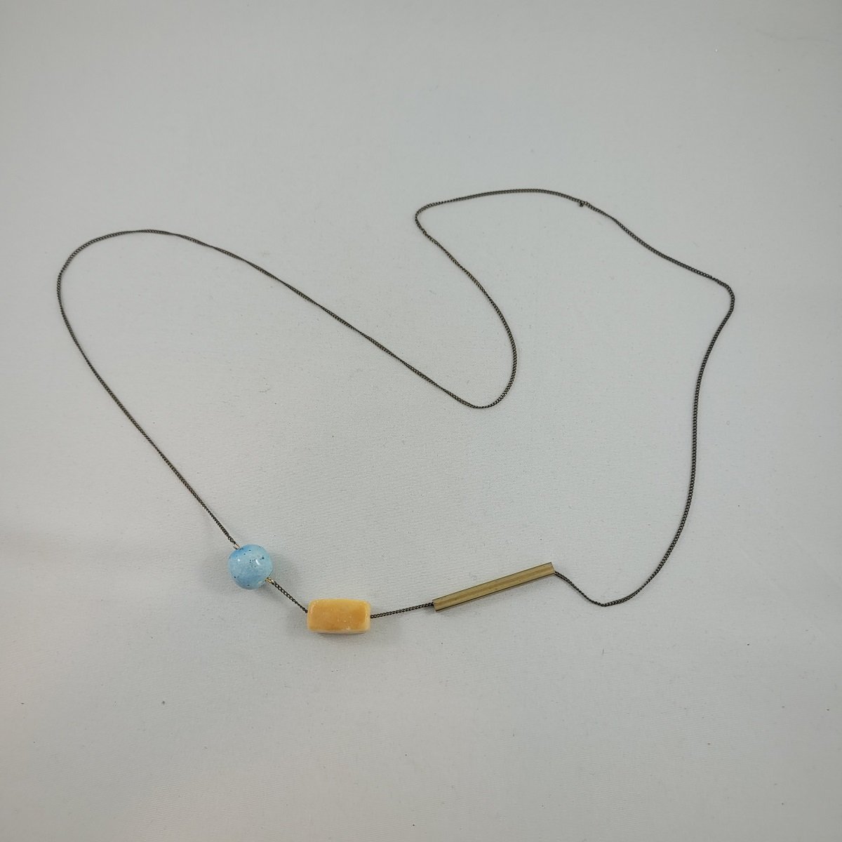 Modernist Genuine Yellow Calcite Stone Glazed Ceramic Bead 31 Inch Brass Curb Chain Opera Necklace w No Clasp