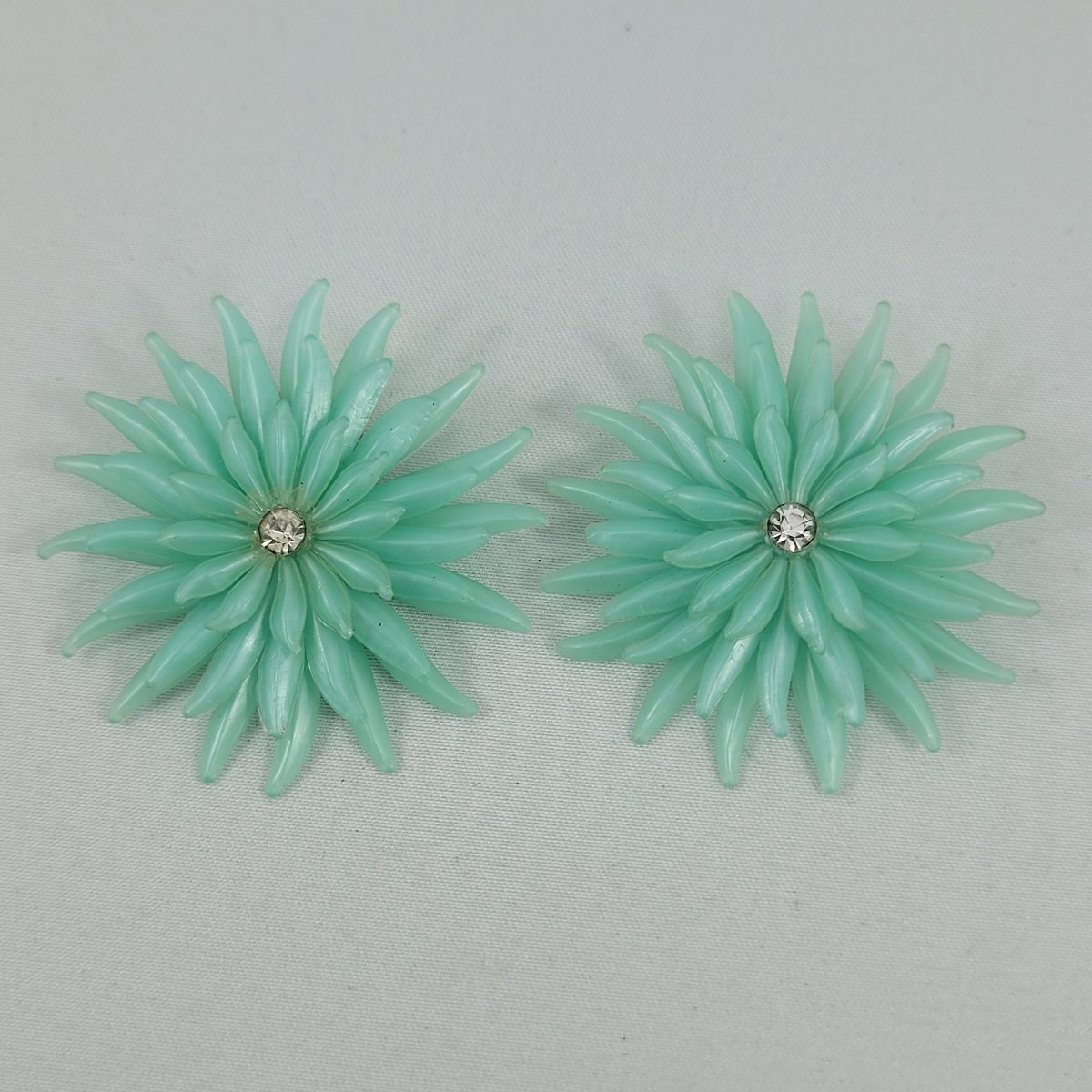 1950's Aqua Green Soft Plastic Triple Layer Chrysanthemum Flower Rhinestone 1.75 Inch Clip-on Earrings