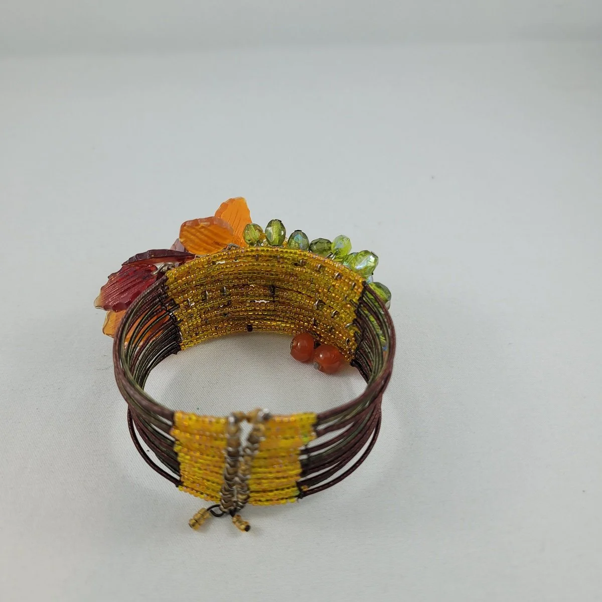 Haskell Hess Inspired Multi Strand Memory Wire Autumn Theme Glass Bead Cluster Leaf Drops Open Cuff Wrap Bracelet -2.jpg