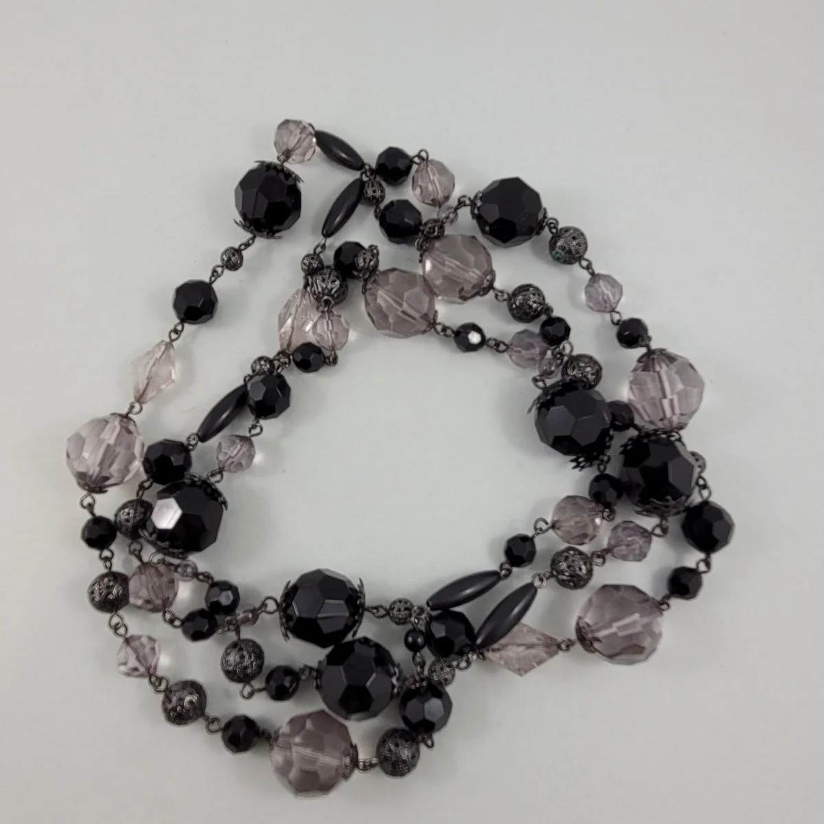 Faceted Round Elongated Grey Smoke Black 17mm Lucite Japanned Filigree Round Bead 52 Inch Beaded Rope Necklace -2.jpg
