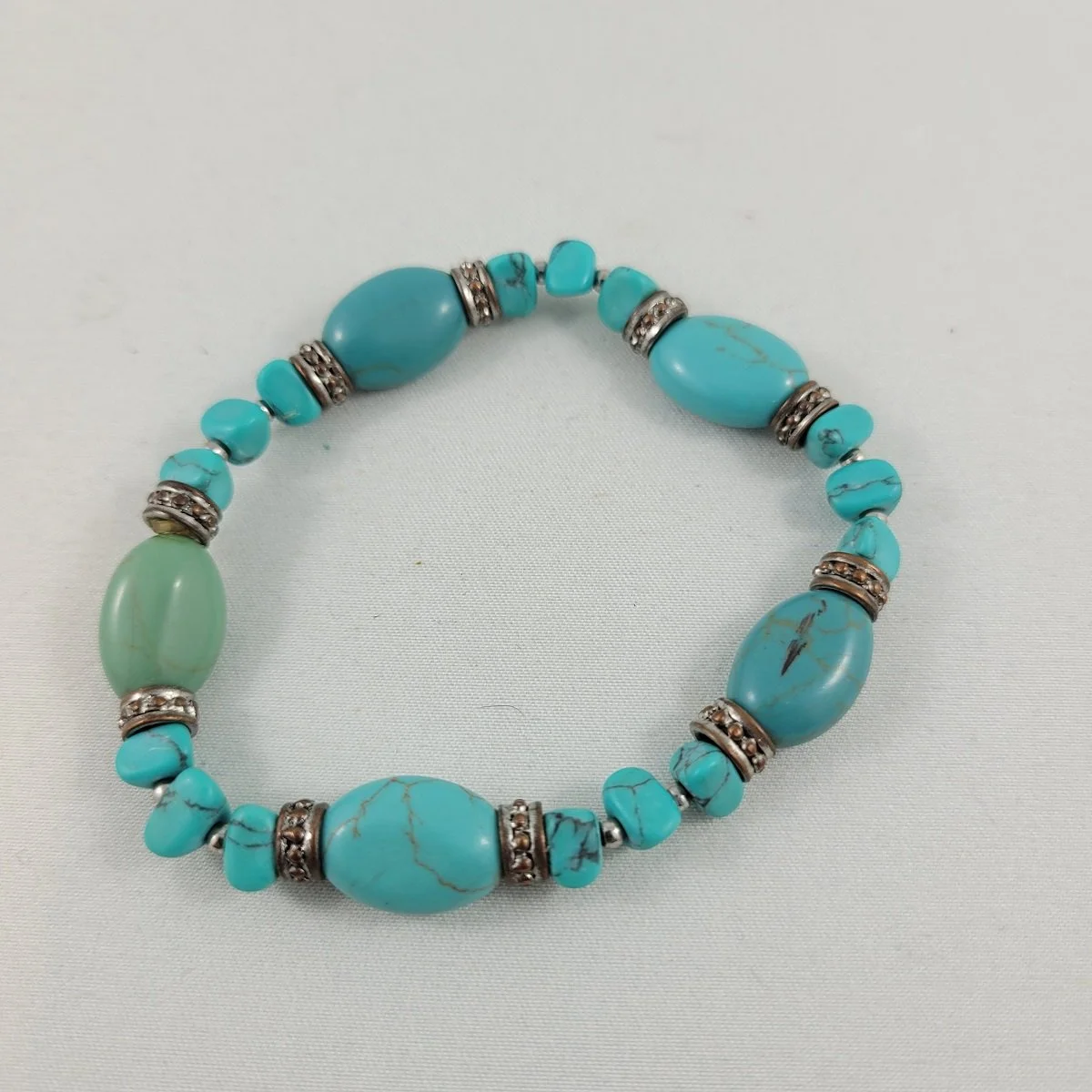 Genuine Turquoise Dyed Green Blue Howlite Oval Gemstone Stone Chip Silver Plated Copper Rondelle Bead Stretch Elasticized Bracelet -3.jpg (Copy)