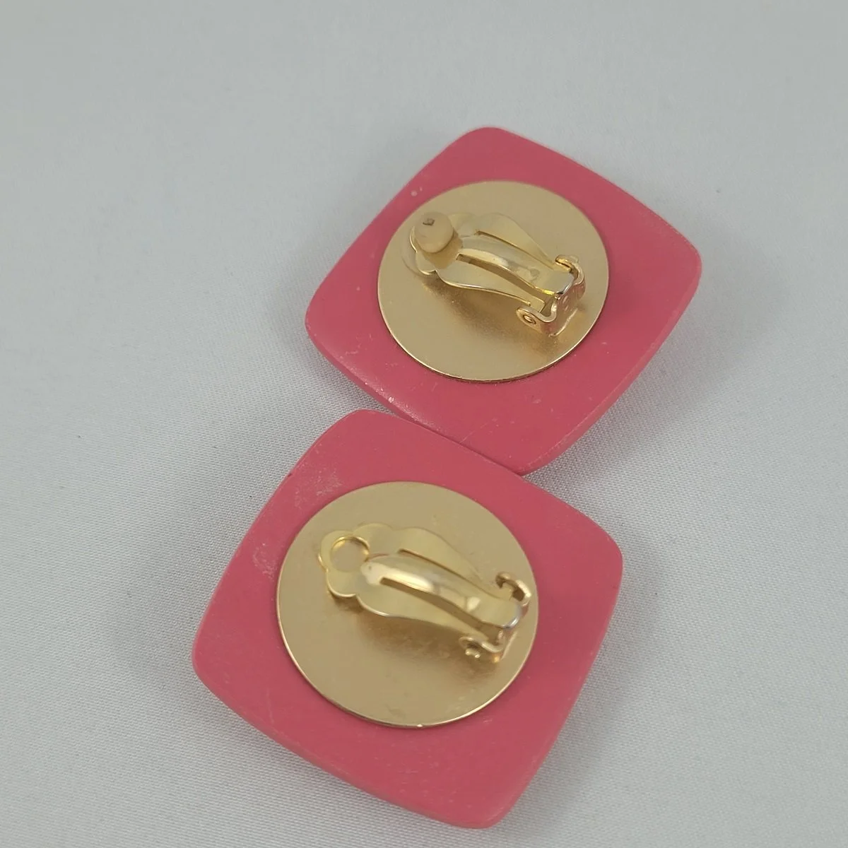 Statement Pink Polymer Clay Satin Gold 1.5 Inch Square Clip-on Earrings Backside
