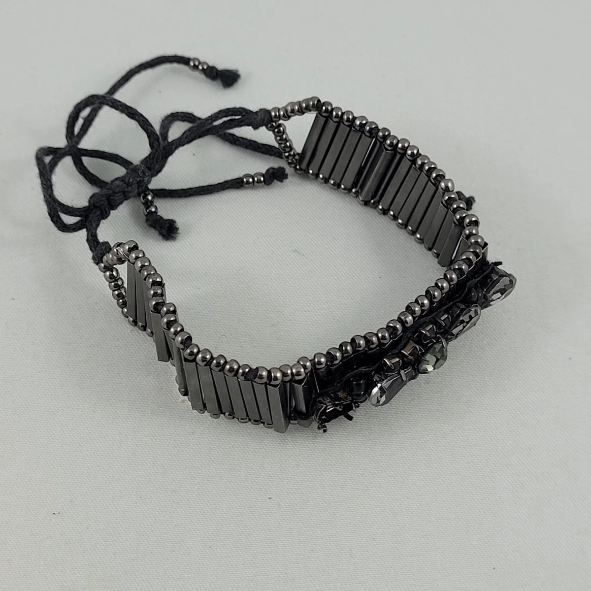 Gun Metal Grey Square Tube Bead Embellished Prong Set Smoke Rhinestone Adjustable Corded Bracelet 4 (Copy)