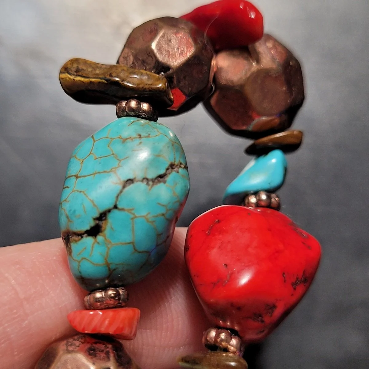 Triple Strand Mixed Genuine Gemstone Turquoise Coral Tiger's Eye Chip Stone Beads Coppertone Adjustable Choker Princess Necklace -3.jpg