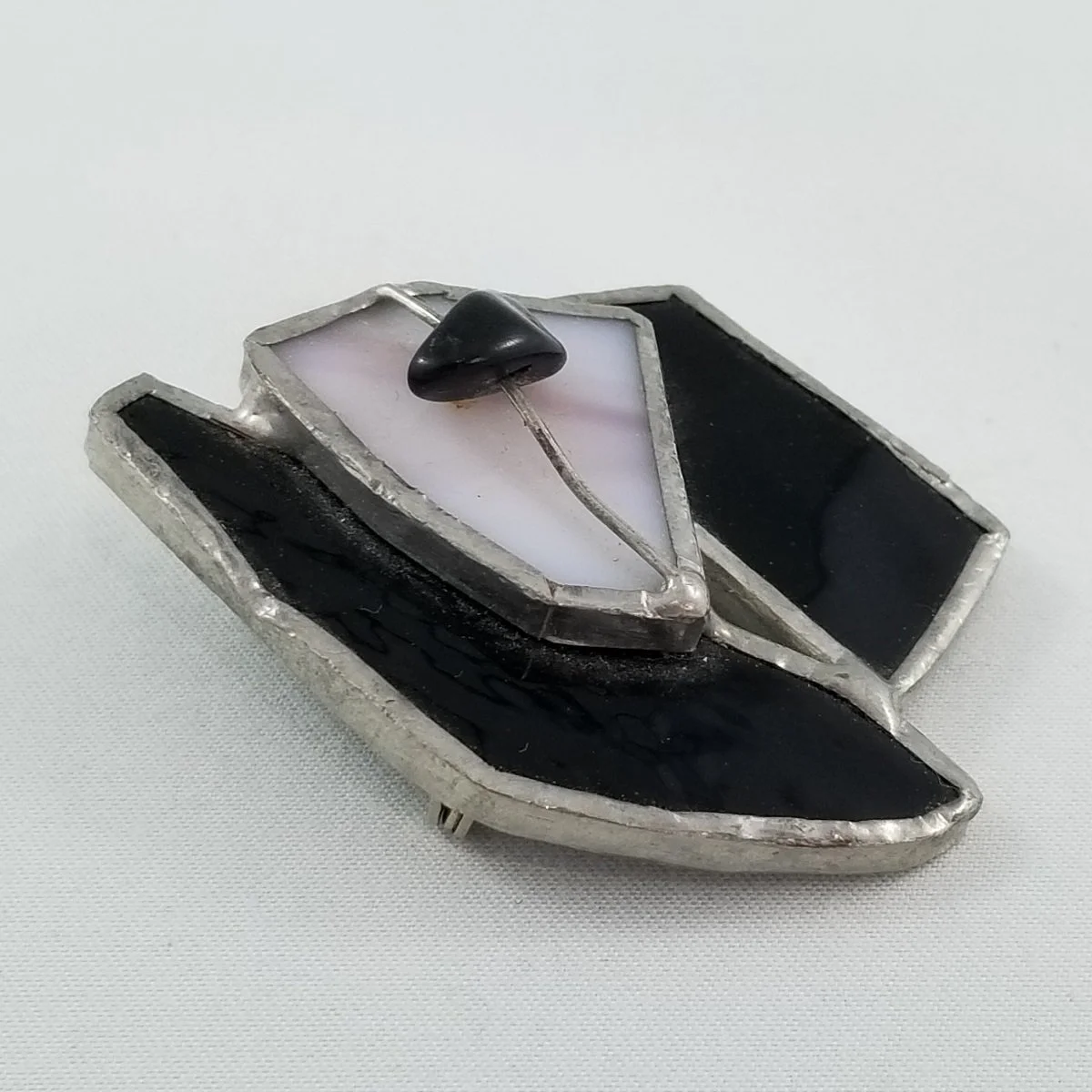 Artisan 1980's Abstract Groom Tuxedo Suit Slightly Striated Layered Soldered Thick Stained Slag Glass Stone Chip 2 Inch Brooch -2.jpg
