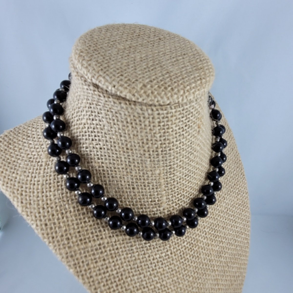 Genuine Black Onyx Stone Sterling Silver Spacer Bead Infinity Necklace Front View