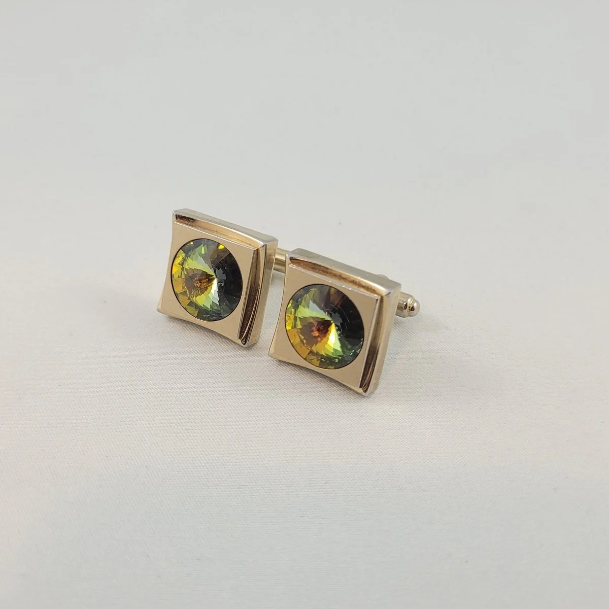 Modernist Olivine Watermelon Rivoli Austrian Crystal Square Cufflinks.jpg