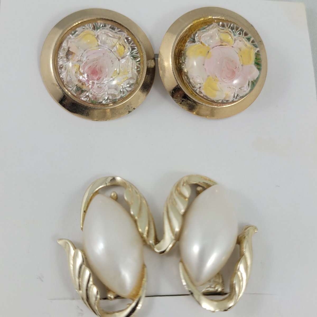 Three Pairs - 1960's Pinwheel Flower Faux Pearl Glass Encased Rose Gold Clip-on Earrings Close Up