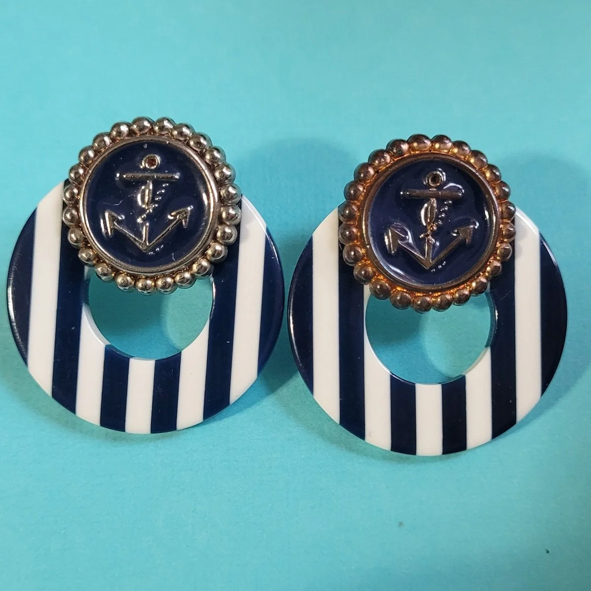 François Schoenlaub for Guillemette L'Hoir Paris 'Bauhaus Maritime' Navy White Wrapped Edge Stripe Anchor Flat Hoop Drop Multi-Plate Pierced Earrings -A.jpg (Copy)