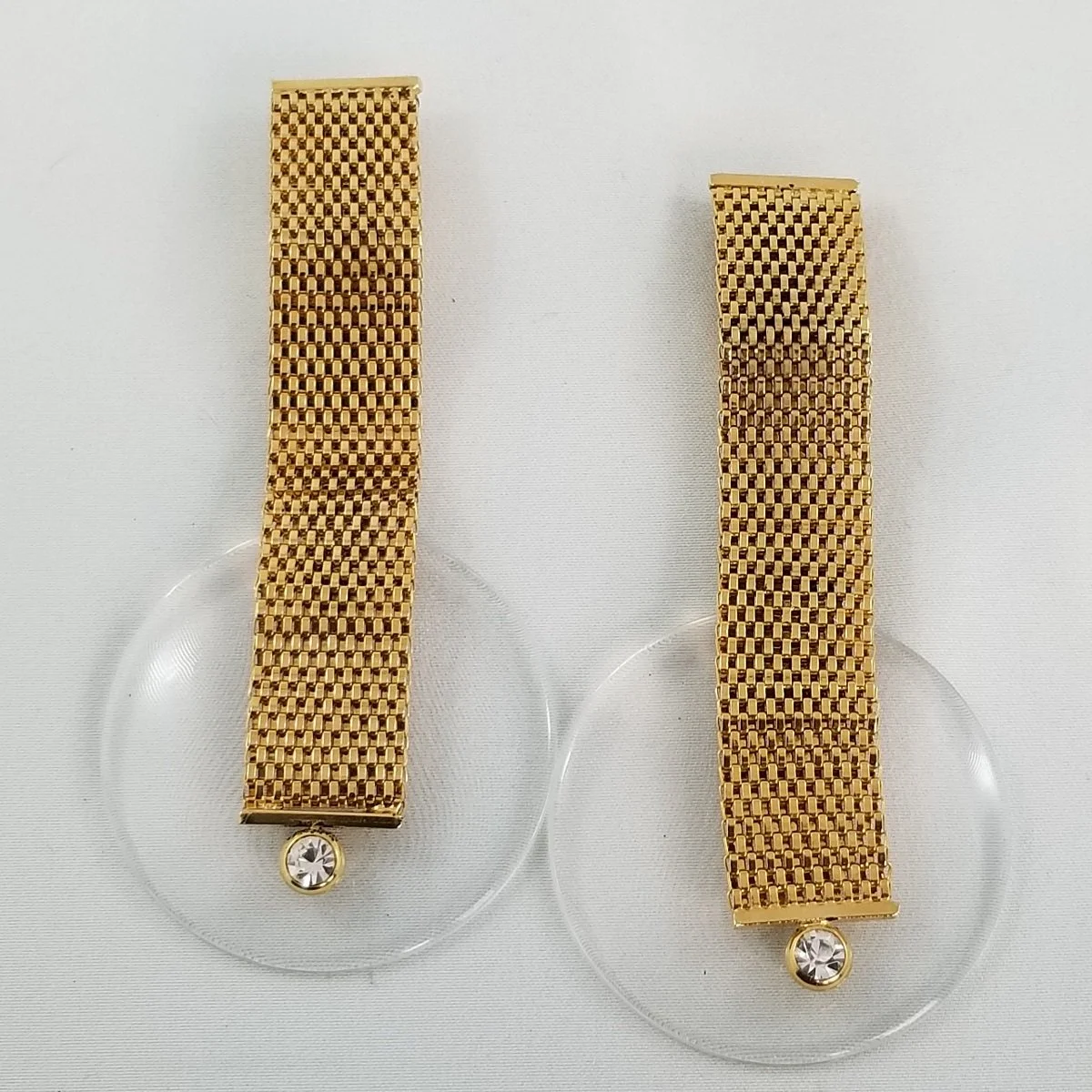 Postmodern Glam Woven Gold Flat Mesh Chainmaille Clear Lucite Disc Crystal Rhinestone Statement Clip-on Earrings -8.jpg (Copy)